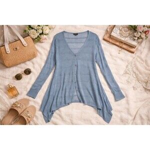 Linen Blend Open Knit Cardigan 1X Blue Sharkbite Hem Lightweight Boho Coastal